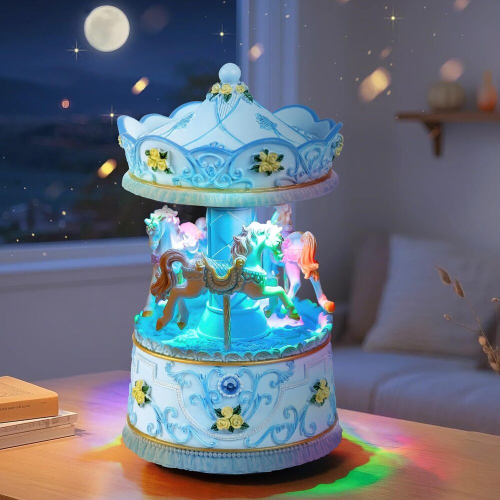 9320 Elegant Blue Carousel Music Box,Handcrafted Rotating Horses & Floral